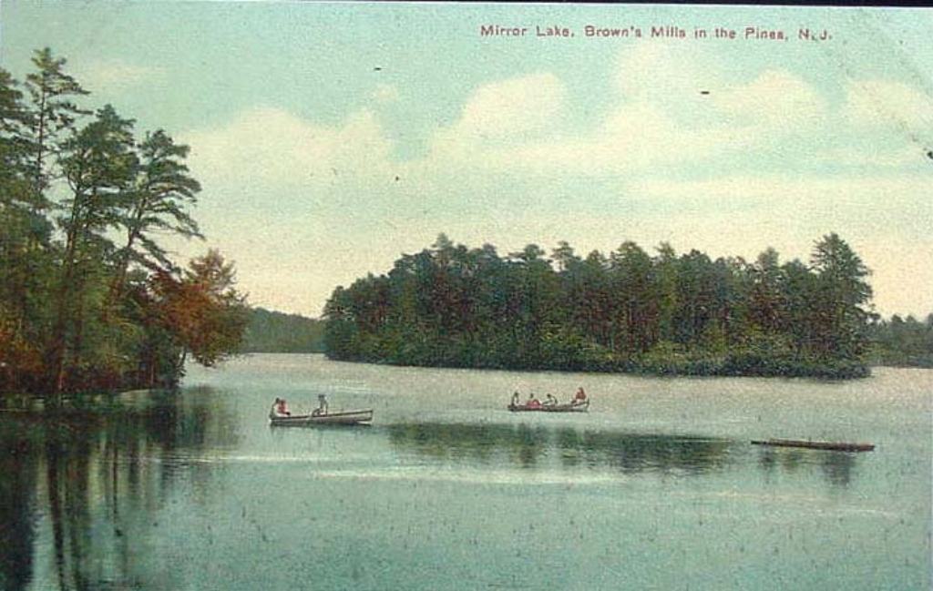 Historic postcard view of Mirror Lake at Browns Mills, calm water framed by pines